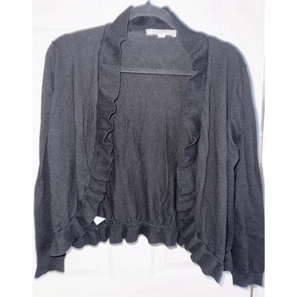 Ann Taylor LOFT Black Open Front Ruffle Cardigan Sweater Long Sleeve Size Large - Picture 1 of 6